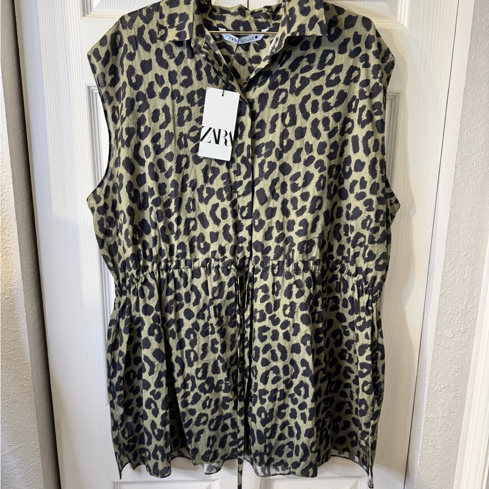 Zara Leopard Print Sleeveless Tunic Length Blouse